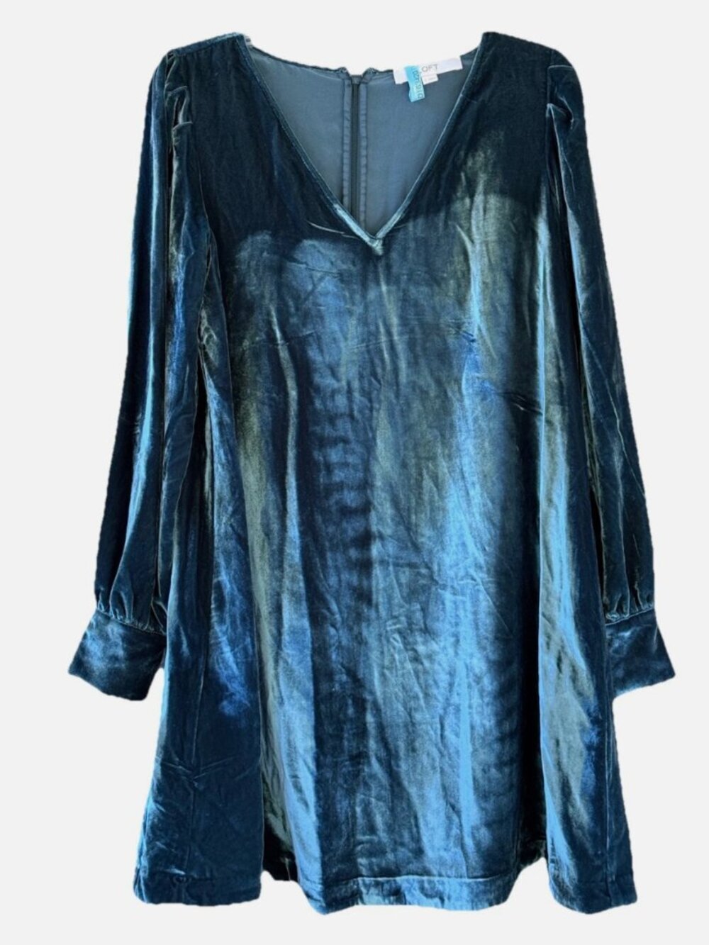 LOFT Women's Teal Velvet Nylon Blend V-Neck Long Sleeve A-Line Mini Dress Size S